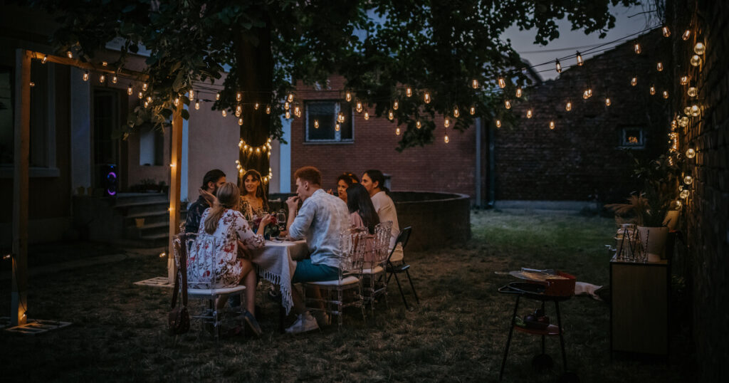 String Lights are a diy landscape lighting strategy to boost curb appeal.