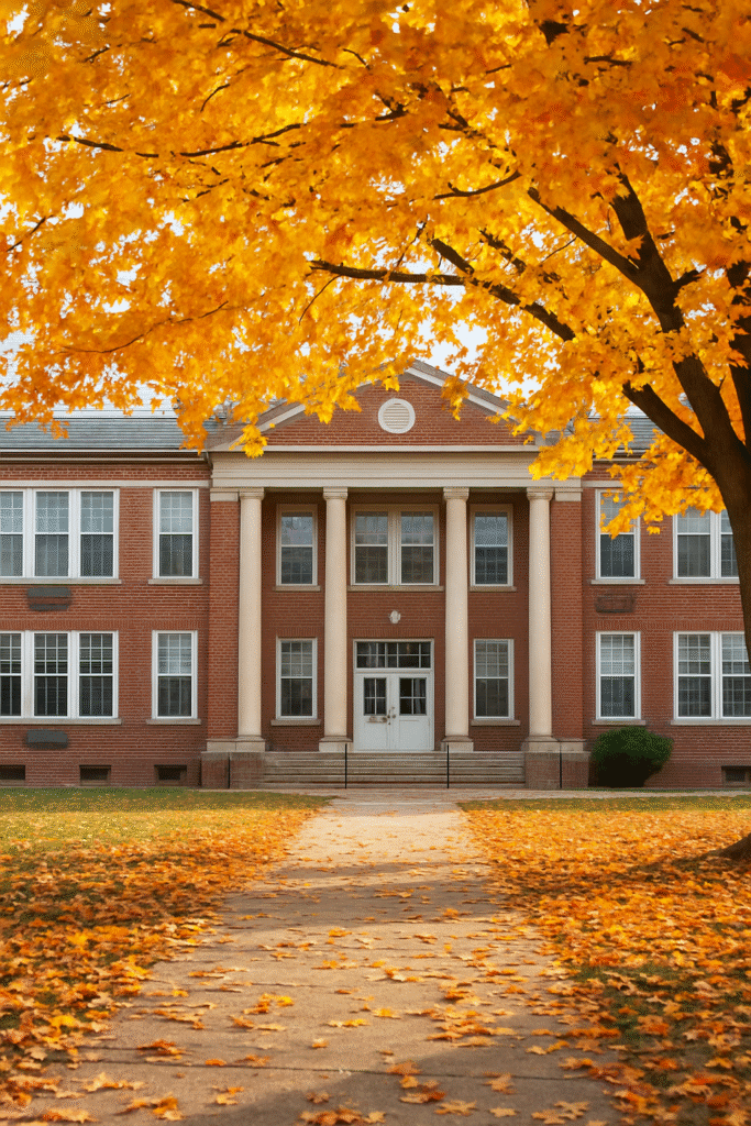Red brick school surrounded by autumn leaves, symbolizing back-to-school season and the benefits of selling your home in early fall.
