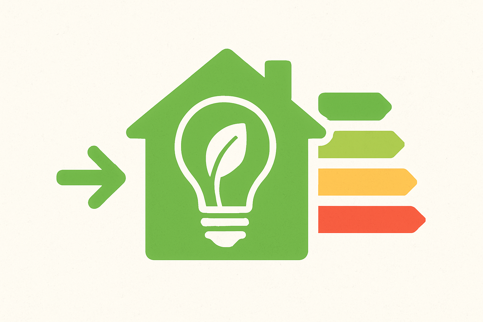 Illustration showing how to make your home more energy efficient before selling, featuring a house with solar panels, LED lights, and green elements symbolizing sustainability.